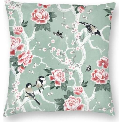 Chinoiserie Birds Flowers Pattern Cushion Cover Sofa Home Decor Peony Sakura Cherry Blossom Square Throw Pillow Case 45x45cm