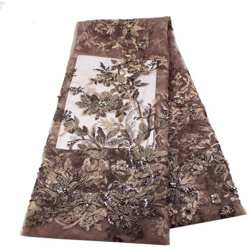 2021 Latest Khaki French Net Lace Dubai Beading Floral Embroidery Fabric Soft Tulle Luxury Quality Sewing Material Wholesale Hot