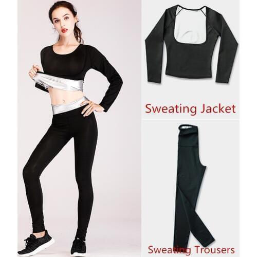 New Womens Fitness Yoga Running Sweating Suits Heat Gathering Shaping Slimming Flexible Elastic Sweater Jackets & Trousers Set