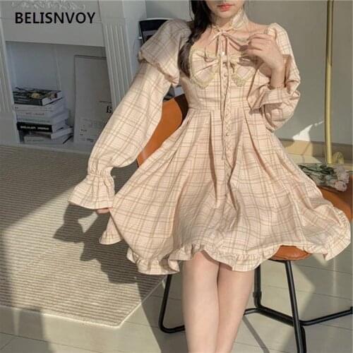 Japanese Autumn Lolita Style Plaid Dress Sweet Bowknot Cute Lace Sleeve Dress Square Collar Kawaii Fairy Princess Dress