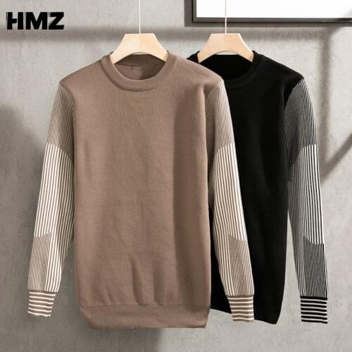 HMZ Knit Loose Stripe Sweater Men Crew Neck Sweater Korean Fashion Streetwear Loose Fit Pullovers Patchwork Sweater Men Clothing