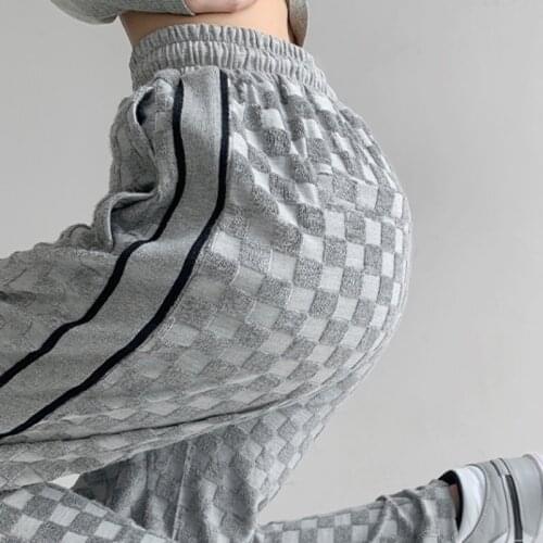 TVVOVVIN Fashion Checkerboard High Waist Drawstring Straight Pants Women Korean Casual Side Zipper Loose Plaid Trouser PF1O