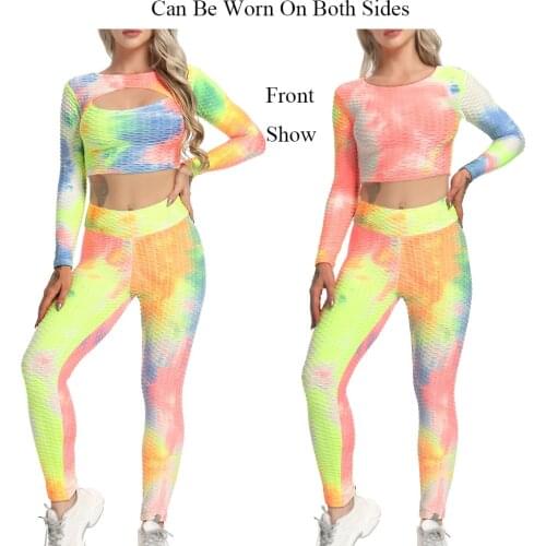 Women 2pcs Sport Sets Sexy Navel Tops+ High Waist Leggings Womens Tracksuit Tie Dye Running Fitness Gym Female Suit Set Fashion