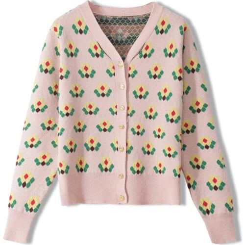 2020 Lady Jumpers Autumn Sweet Hook Flower Rhombus Embroidery Knitting Cardigan Long-Sleeve Single-Breasted V-Neck Short Sweater