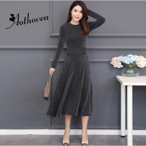 Plus Size Bright Silk A-Line Dress Women Black Long Sleeve O-Neck Dress Sexy 2018 Autumn Vestidos Office Vintage Bandage Dresses