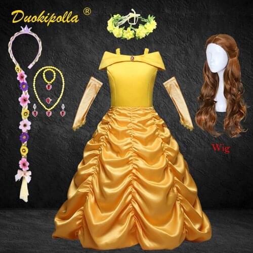 1-12Y Beauty and Beast Summer Princess Belle Dress Girl Halloween Masquerade Child Shoulderless Yellow Ruched Dresses Kids Wig