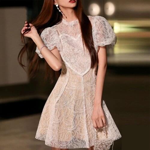 Hstar Women High Waist A Line Lace Slim Vestidos Elegant O Neck Puff Sleeve Sweet Summer Vintage French Temperament Dress