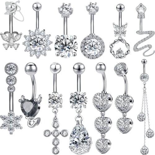 ZS 14g Snake Butterfly Belly Button Ring With CZ Crystal GEM Pendant Navel Ring 316L Stainless Steel Navel Piercing Body Jewlery