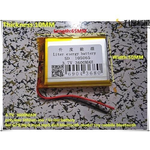 3.7V 3600mAh 105065 Lithium Polymer Li-Po li ion Rechargeable Battery cells For Mp3 MP4 MP5 GPS mobile bluetooth