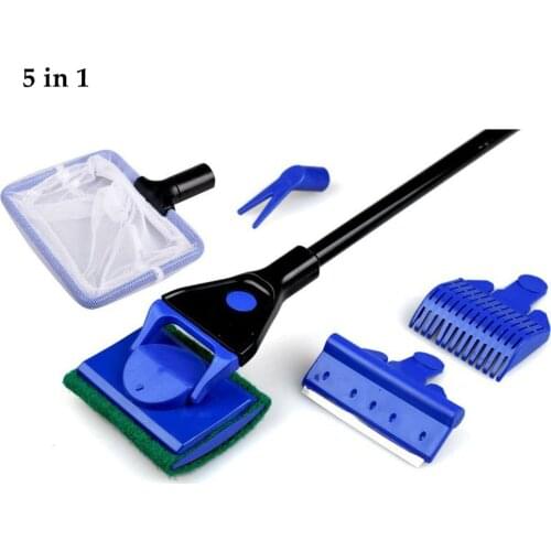 5 in 1 Aquarium Cleaning Tools Aquarium Tank Clean Set Fish Net Gravel Rake Algae Scraper Fork Sponge Brush Glass Organizer