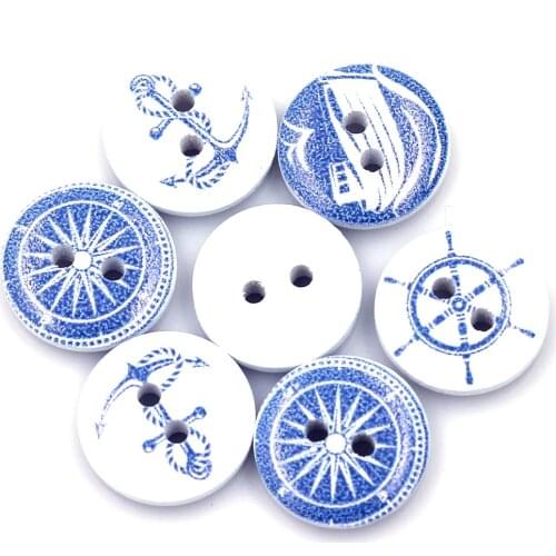 50PCS Mixed 15mm Round Wood Sewing Buttons 2 Holes Rudder Anchor Sailboat Shirt Kids' Clothing Scrapbook Crafts Accessories