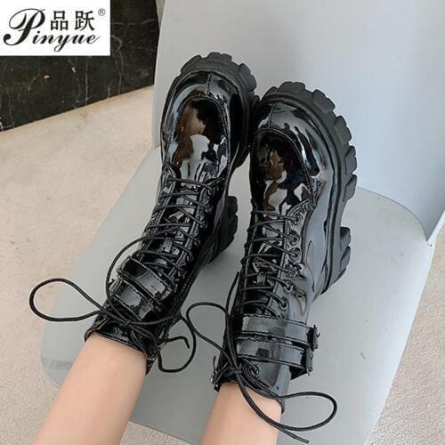New Combat Patent Leather Boots Women Lace Up Gothic Black Platform Leather Martin Ankle Boots Women Shoes Botas Mujer