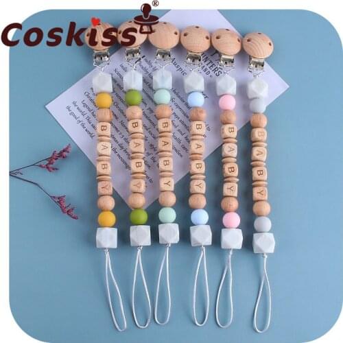Coskiss DIY Silicone Baby Wooden Pacifier Clip And Beech Wood Alphabet Pacifier Chain Baby Teething Soothing Chew Toys Gift