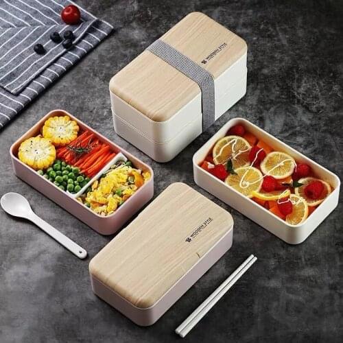 High Quality 1400ML Microwave Double Layer Lunch Box Wooden Lines Style Bento Box Portable Container Box BPA Free Office School