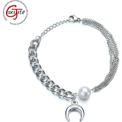 Goxijite Trendy Stitching Chain Bracelet For Women Girl Stainless Steel Adjustable Moon Pendant Pearl Bracelet Jewelry Gift