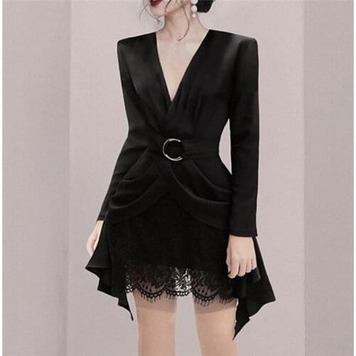 JSXDHK New Autumn Sexy V Neck Black Belt Satin Blazer Jacket Two Piece Set And Bodycon Ruffles Patchwork Lace Mini Skirts Suit