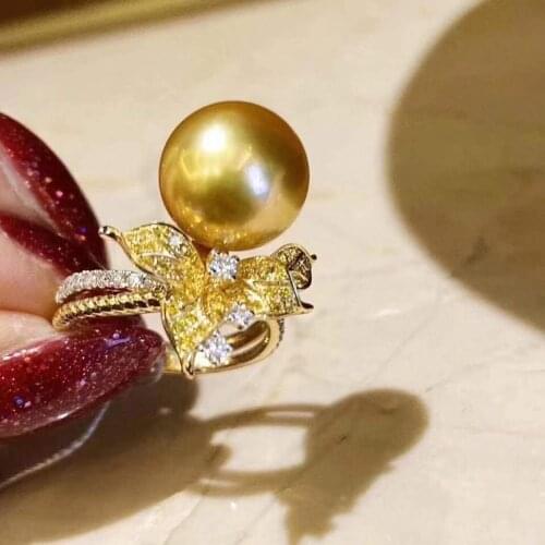 M127 Solid 925 Sterling Silver Round 10-11mm Fresh Water Golden Pearl Rings for Women Fine Birthdays Presents