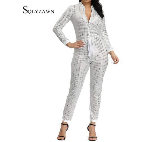 Sexy Glitter Sequin Long Sleeve Bodycon Romper Women Fashion Fall Winter White Black Jumpsuit Streetwear Skinny Club Overall 2XL