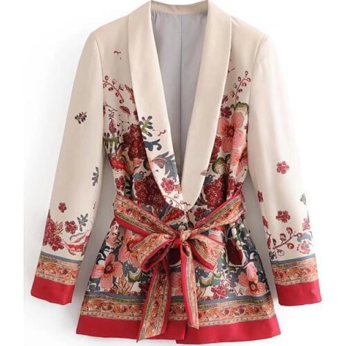 Jacket womens new autumn clothing European and American style printing casual suit fashion jacket ladies with belt