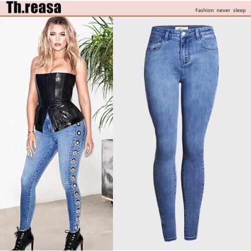 Hot Sale Women Jeans pants Slim Mingle Small-footed Jeans Side Chicken-eye Denim Trousers Woman