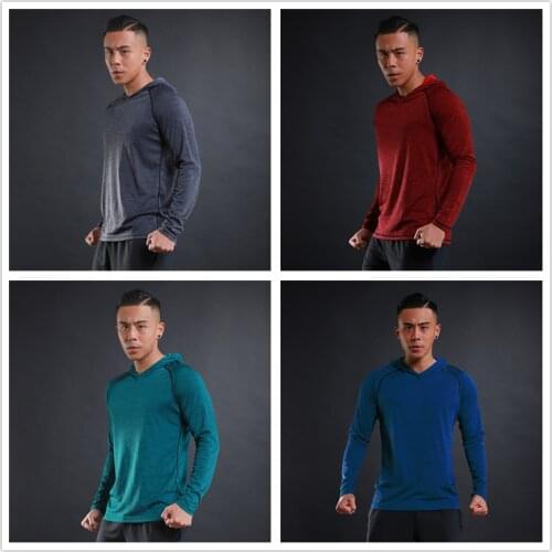 Men Fitness Casual Long Sleeve Hooded T-shirt Breathable Running Quick Dry Thin Shirt
