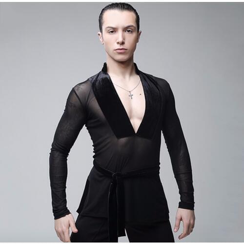 Male Latin Dance Shirts Deep V-Neck Collar Ballroom Black Dance Tops Sexy Men Latino Gauze Clothing For Latin Dance Clothes 5011