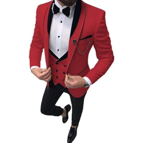 2021 Mens suit Groom Tuxedos Red Prom Wedding Men Suit Slim Fit Male Dress Formal Suit For Men Best Man 3pcs (Jacket+Pants+Vest)