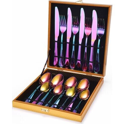 Kitchen Tableware Cutlery Rainbow Stainless Steel Cutlery Set 16 Piece Dinnerware Set Fork Spoon Knife Flatware Set Dropshipping