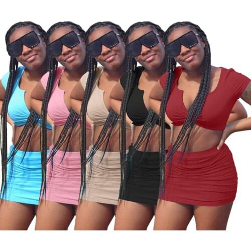 Plain Color Women 2 Piece Set Casual Short Sleeve Crop Top Bodycon Mini Skirt Matching Set Basic Home Suit Fitness Active Outfit