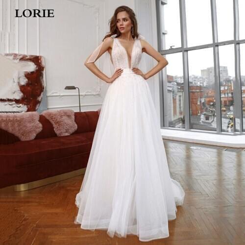 LORIE Newest Fairy Wedding Dresses Soft Tulle Beach Bridal Gowns V-Neck Spaghetti Straps Luxury Pearls Princess Party Gowns