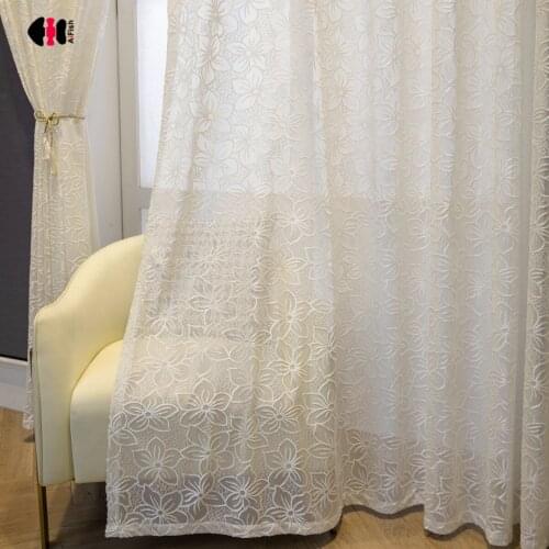 White Leaf Embroidered Sheer Curtains for Bedroom Kids Room Modern Simple Pastoral Rural Sliding Door Window Drapes