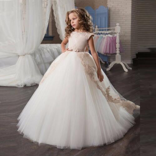 Romantic Champagne Puffy Lace Flower Girl Dress for Weddings Organza Ball Gown Girl Party Communion Dress Pageant Custom made