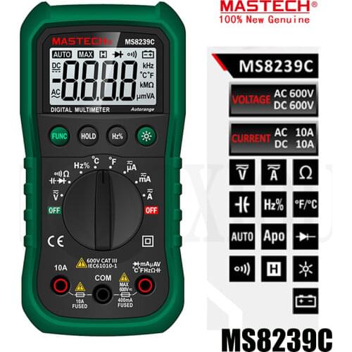 Mastech MS8239C Handheld Auto Range Digital Multimeter AC DC Voltage Current Capacitance Resistance Frequency Temperature Tester
