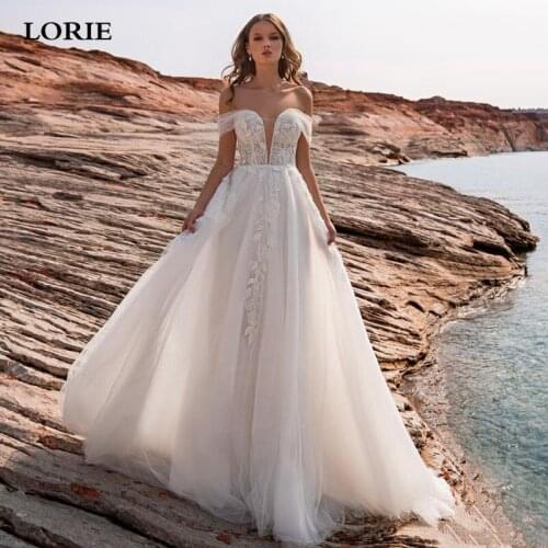 LORIE Beach Wedding Dresses Off The Shoulder Puffy A Line Lace Boho Bridal Gown Fairy Long Train Princess Wedding Gowns 2021