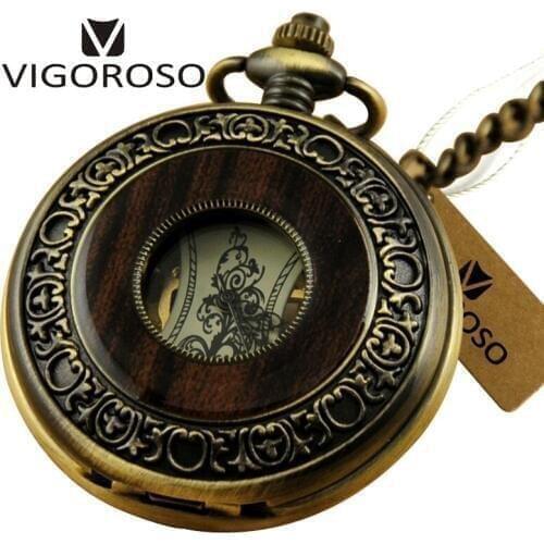 Vintage Wood Circle Bronze Alloy Steampunk Skeleton Hand Winding Mechanical Pocket Watch Roman Numerals FOB Chain Clock Pendant