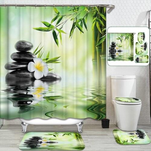 3D Pebble Printed Waterproof Bathroom Shower Curtain with 12 Hooks Green Plant Landscape Bath Curtains Non Slip Bath Mat Rug Lid