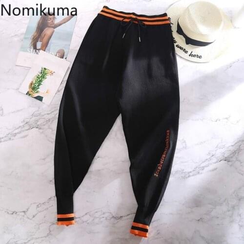 Nomikuma Knitted Stripe Harem Pants 2020 Autumn Winter Thick Sweater Women Trousers Lace Up Stretch High Waist Ankle Pants 6C815