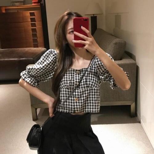 Women Blouse Summer 2021 Cute Square Collar Plaid Short-Sleeved Top Womens Clothing Blusas Mujer De Moda
