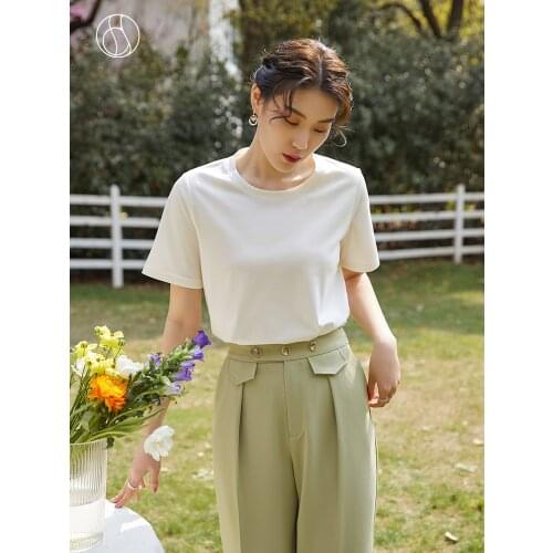 DUSHU Office Lady Women Simple Basic Round Neck T-shirt 2021 Summer Casual All-match Short-sleeved Yellow Black Top