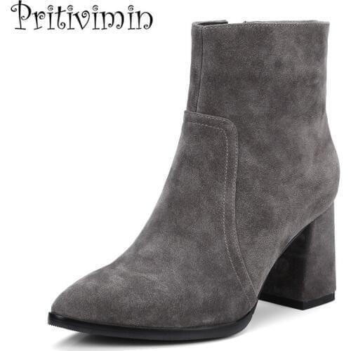 2018 New ladies winter warm lined shoes woman black genuine leather botines mujer thick high heel ankle boots Pritivimin FN109