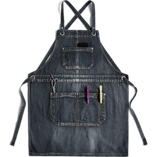 Women Men Jean Bib Apron Cross Back Adjustable Strap Vintage Washed Denim Work Apron with Pockets for Hair Stylist BBQ