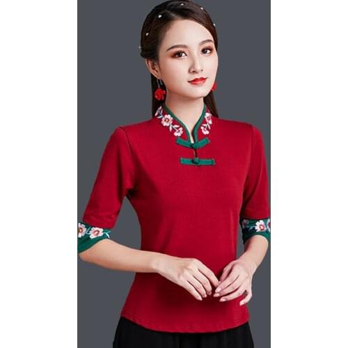 Cheongsam Womens Plus Size Tops 2021 Summer Fashion Cotton Splicing Stand Collar Embroidery Chinese Style Qipao Shirts Woman