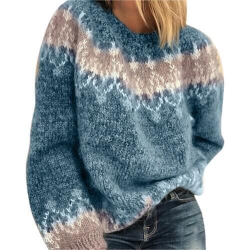 Women Sweater Fashion Ethnic Style Warm O-Neck Long Sleeve Plus Size Stitching Print Knitted Pullover Sweater