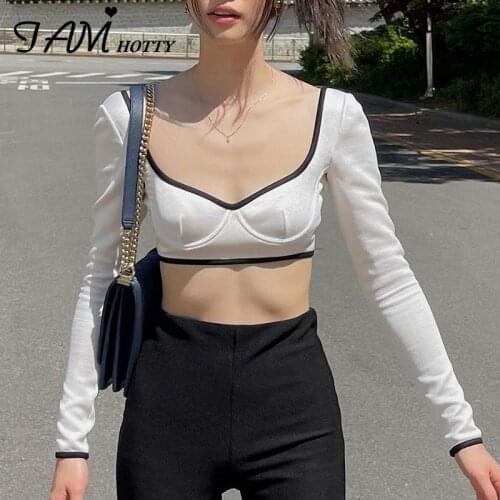Patchwork Contrast Skinny T-shirt Women Square Collar Long Sleeve Knitted Cropped Top Tees Korean Style Pullovers Fall Iamhotty