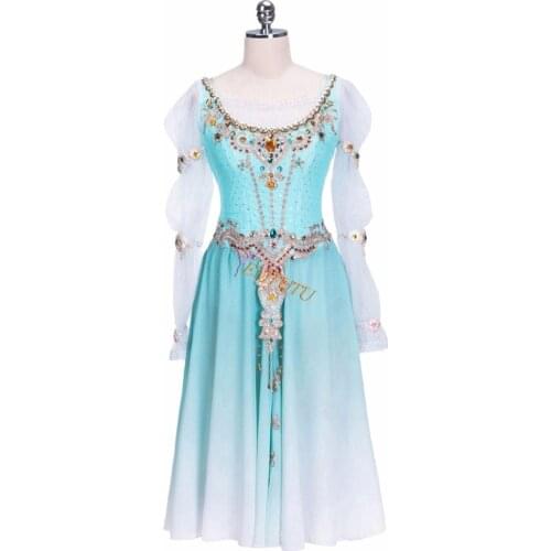 Ombre Blue Adult Girls Professional Ballet Long Dress Women Ballet Stage Costume Long Sleeves Performance Ballet Dance Costume