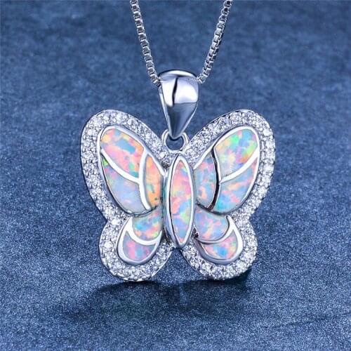 Boho Female Big Butterfly Pendants Necklaces Cute Lovely White Blue Fire Opal Necklace Silver Color Wedding Necklaces For Women