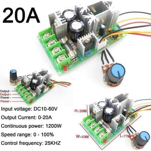 1Pc DC Motor Wide Voltage PWM High Speed 10V-60V Max 20A 1200W Frequency 25Khz LED Dimmer for DIY Panel LED Strip Light