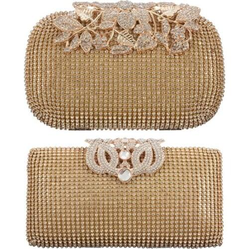 2 Pcs Unique Women Evening Bag Gold Dazzling Rhinestone Clutch Purse Party Bridal Prom, 1 Pcs Rhinestone Encrusted & 1 Pcs Leaf