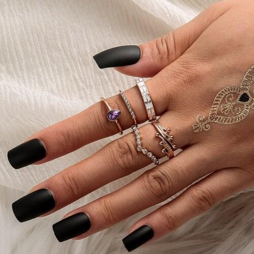 5 Pcs/set Vintage Bohemian Purple Crystal Knuckle Joint Rings Set For Women Gold Color Flower Finger Midi Rings Jewelry