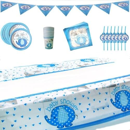 52Pcs Gender Reveal Baby Birthday Party Decorations Disposable Party Tableware Blue Elephant Paper Plates Cups Baby Shower Decor
